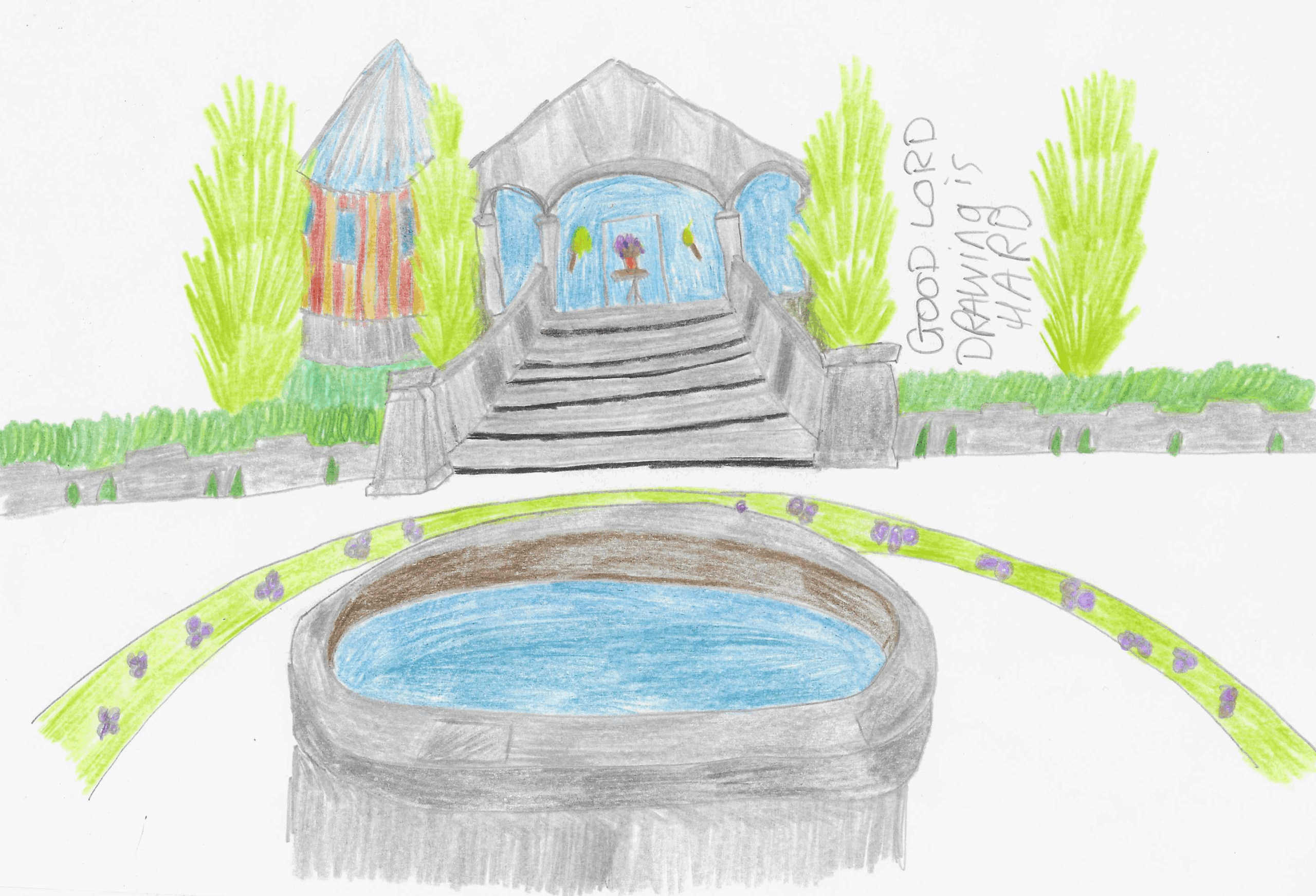 A handdrawn and barely complete picture of the walkway up to the house in Blue Prince.